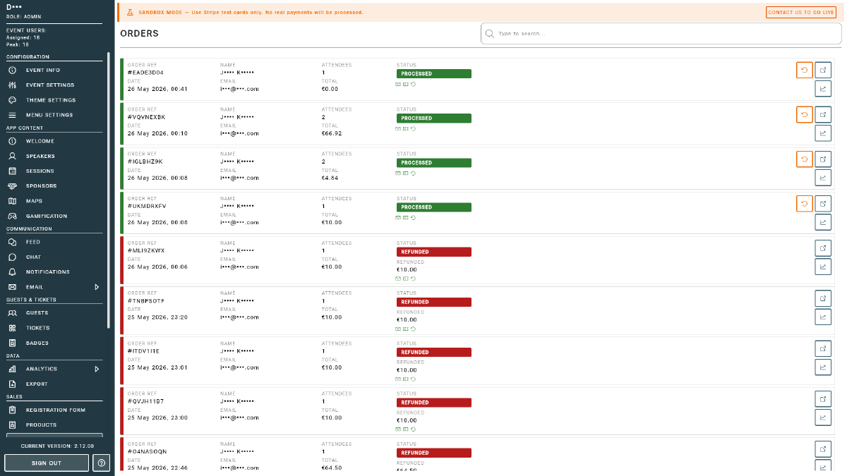 Orders list showing buyer, totals, and status