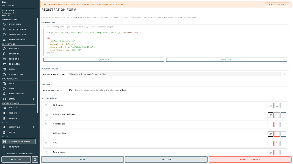 Registration form setup with billing fields and features