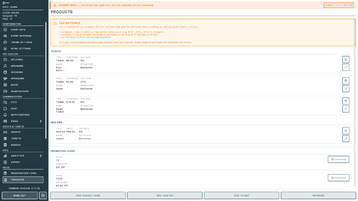 Products page showing tickets, add-ons, and promotion codes