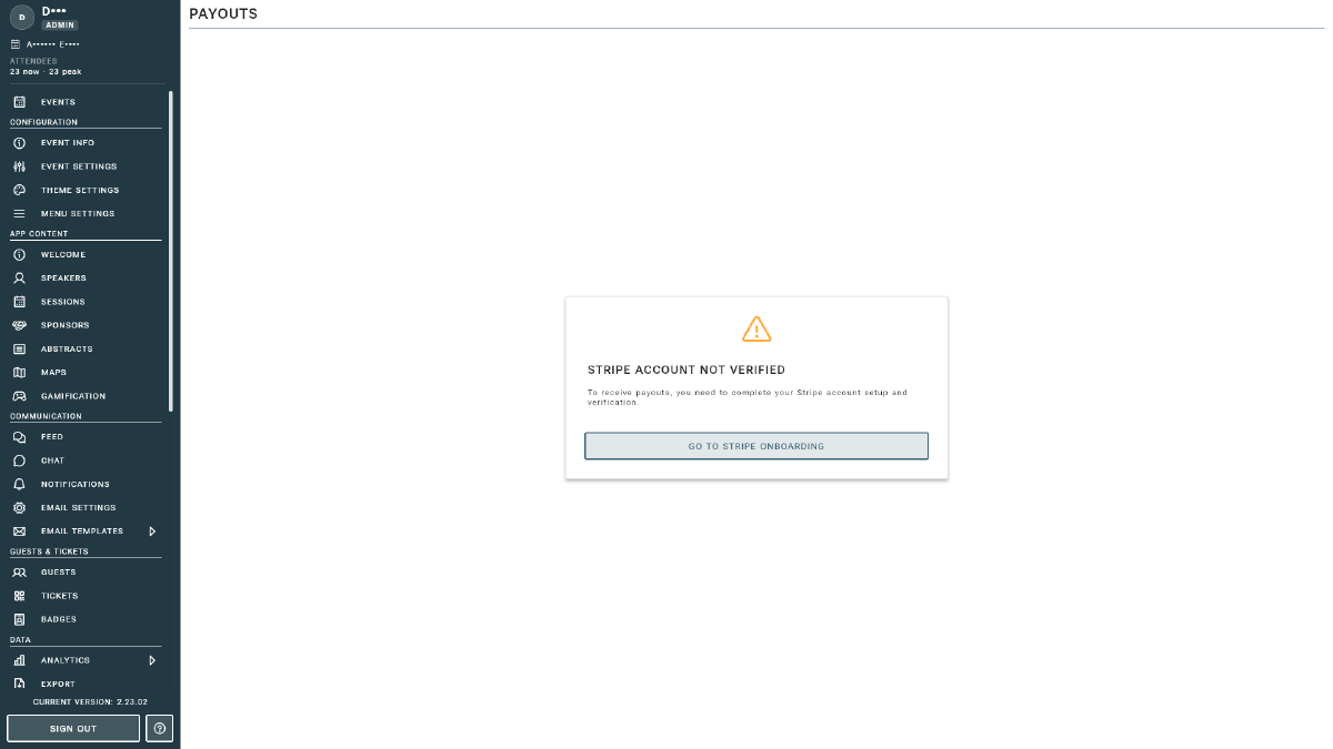 Stripe payouts view embedded in the console