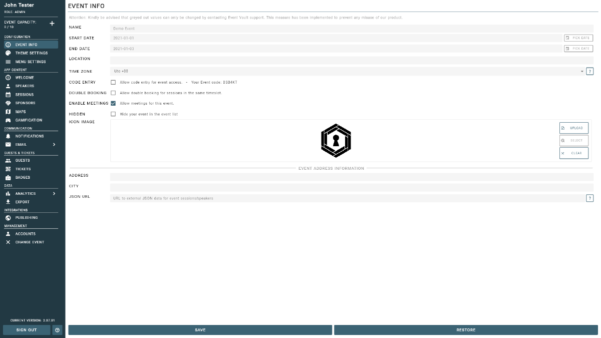 Event Info Settings Screen
